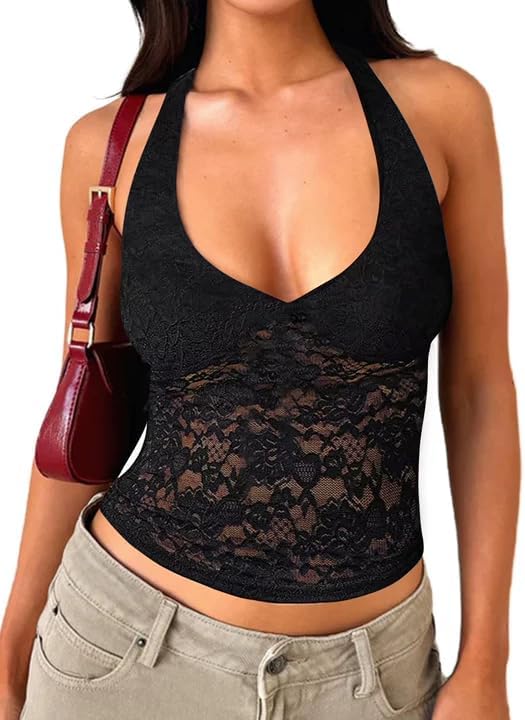 Women Sexy Low Plunge Lace Halter Top Sleeveless Backless Sheer